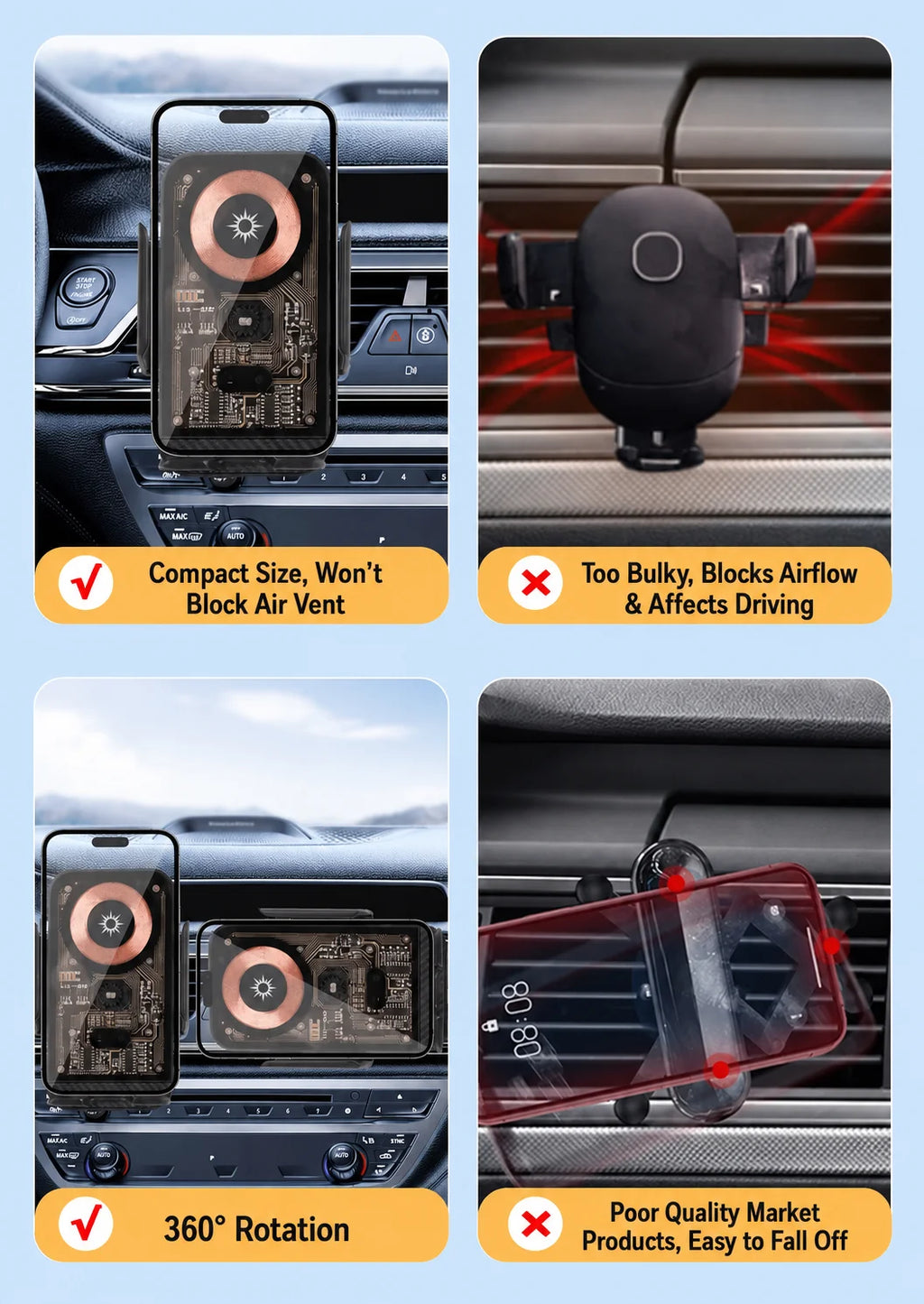 Support téléphone voiture avec chargeur sans fil 15W – Fixation grille d'aération, rotatif, compatible smartphones