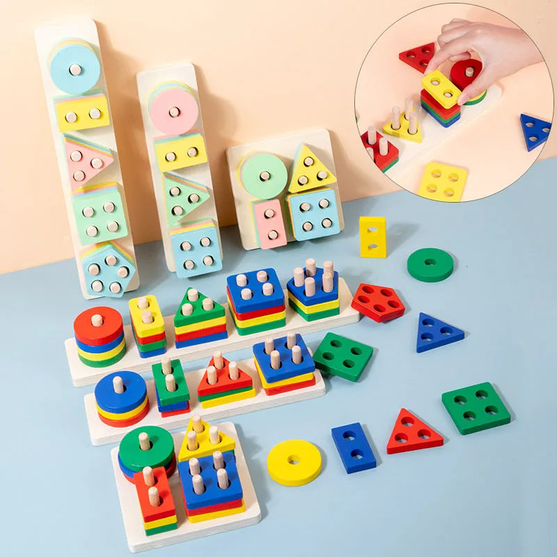 Blocs de Construction Montessori en Bois – Couleurs, Formes & Puzzle Éducatif