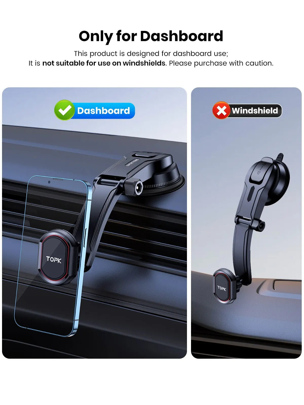 Support téléphone voiture TOPK – Fixation par gravité, pare-brise, tableau de bord et grille d'aération