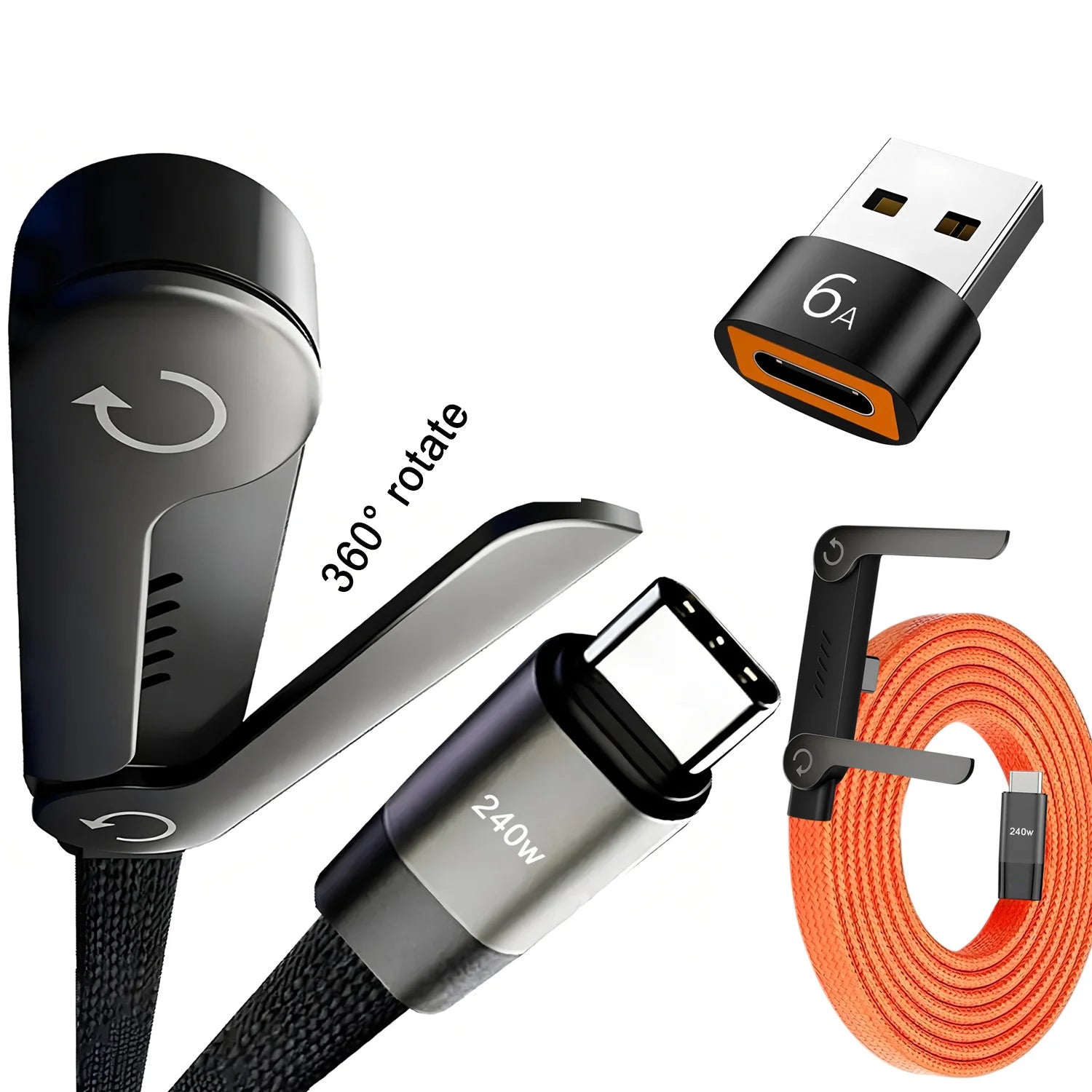 Câble USB-C 240W 2-en-1 avec Support Pliable – Charge Rapide, OTG, Type-C vers Type-C