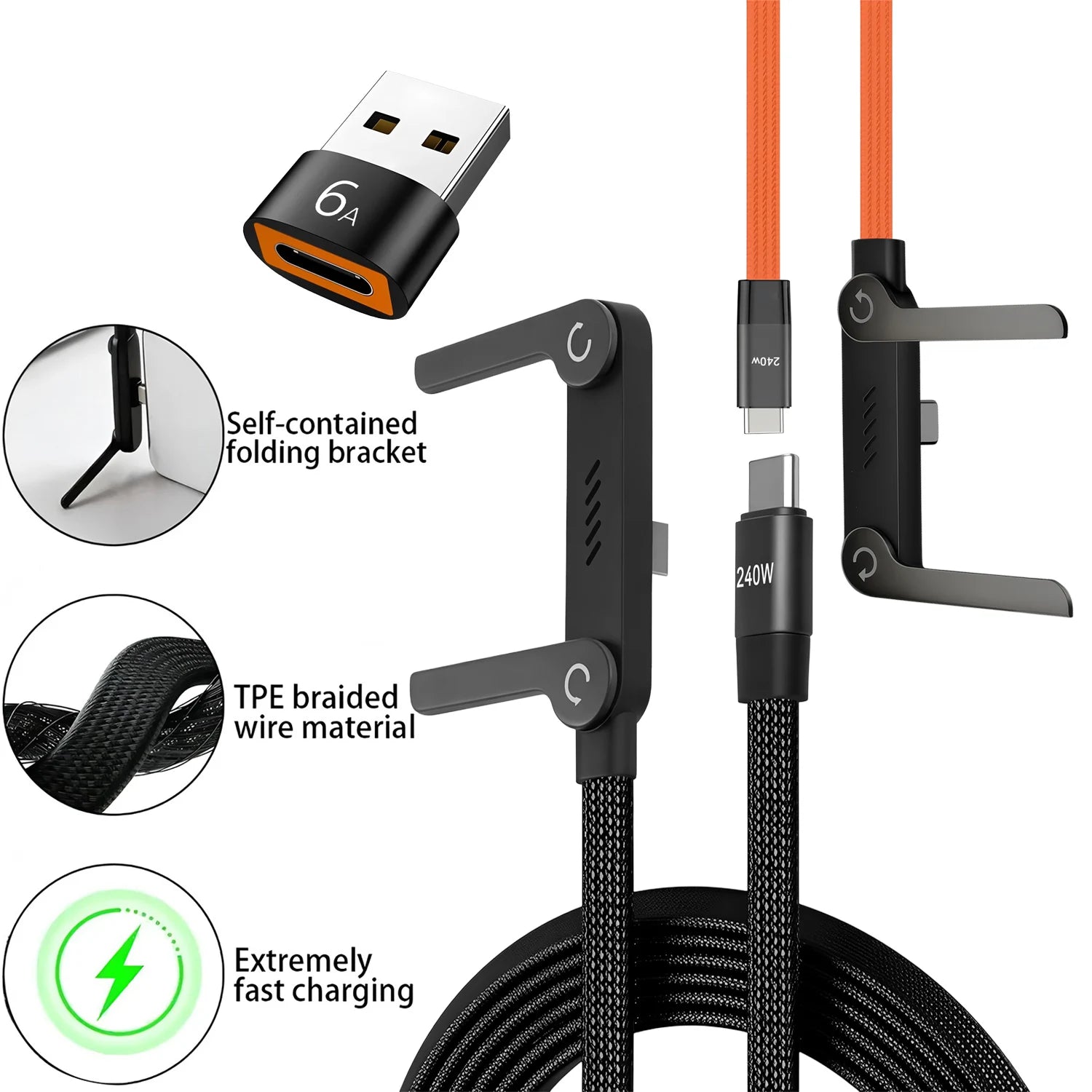 Câble USB-C 240W 2-en-1 avec Support Pliable – Charge Rapide, OTG, Type-C vers Type-C