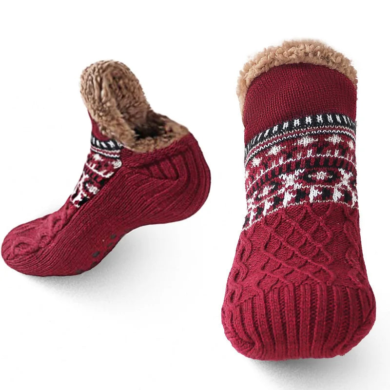 Chaussettes de sol antidérapantes Super chaudes pour femmes et hommes, chaussettes de neige, tapis de sommeil, pantoufles, bottes en velours, vêtements de maison