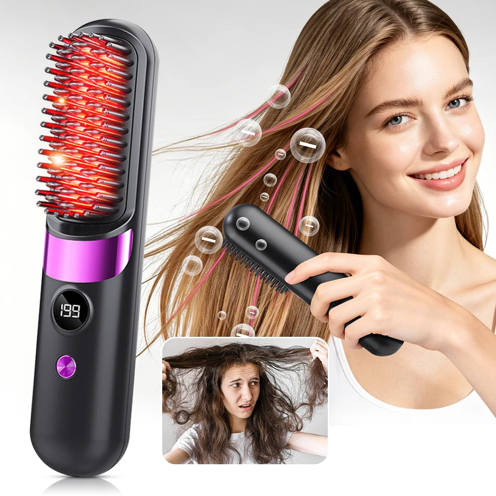 Peigne chauffant électrique sans fil pour lisser les cheveux, brosse lissante, ions négatifs, anti-brûlure, outil de coiffage