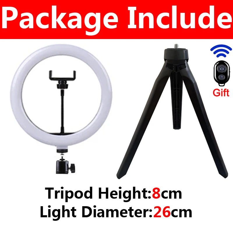 Anneau Lumineux LED pour Selfie & Vidéo – Trépied Réglable, 3 Modes & 10 Niveaux