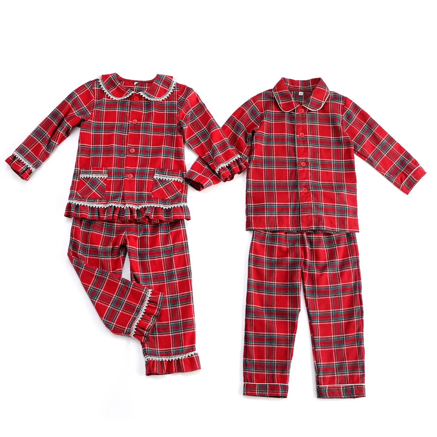 Flanelle Noël Famille Tenues Assortis Garçons Et Filles Pyjamas À Volants Blanc Dentelle Rouge À Manches Longues Bébé Bouton Enfants Pyjamas Ensembles