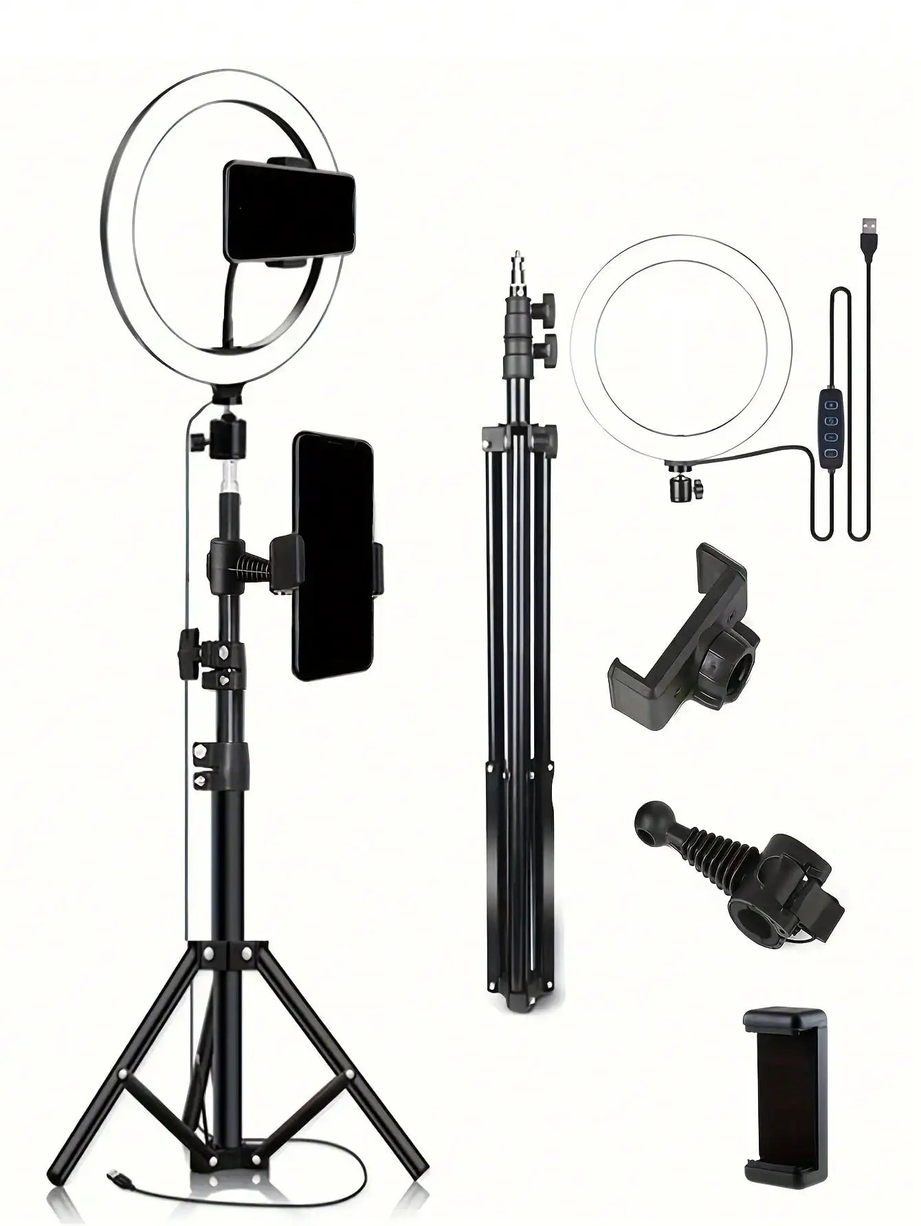 Trépied de 110 cm + pince en O, équipé d'un anneau lumineux de 10 pouces pour diffusion en direct et d'un accessoire pour diffusion en direct et selfies