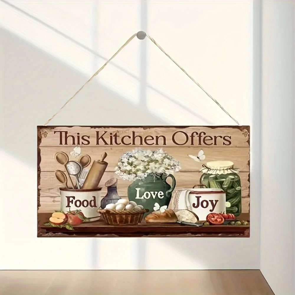 Panneau de décoration murale de cuisine en bois rustique – Plaque suspendue «This Kitchen Offers Food Love Joy » avec cuisine et illustration florale