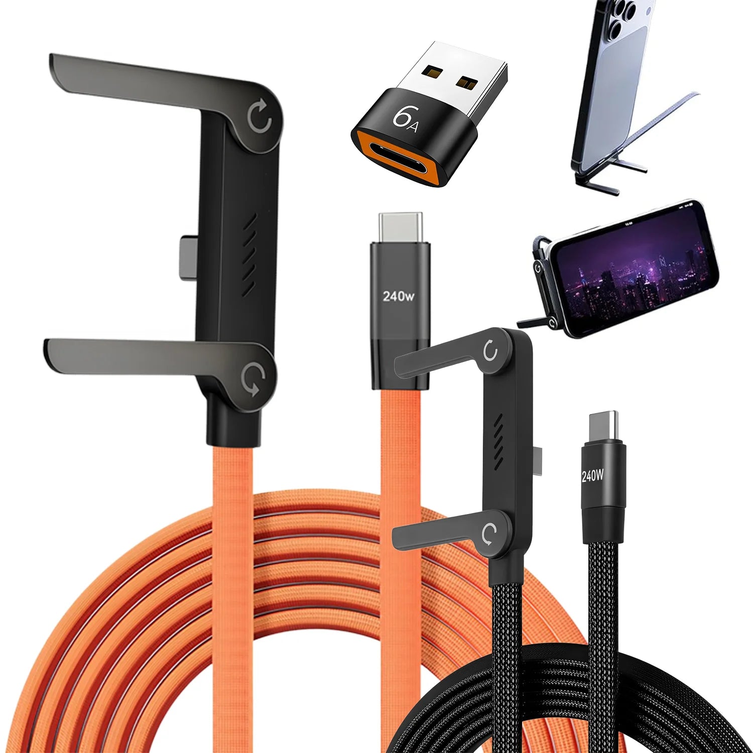 Câble USB-C 240W 2-en-1 avec Support Pliable – Charge Rapide, OTG, Type-C vers Type-C