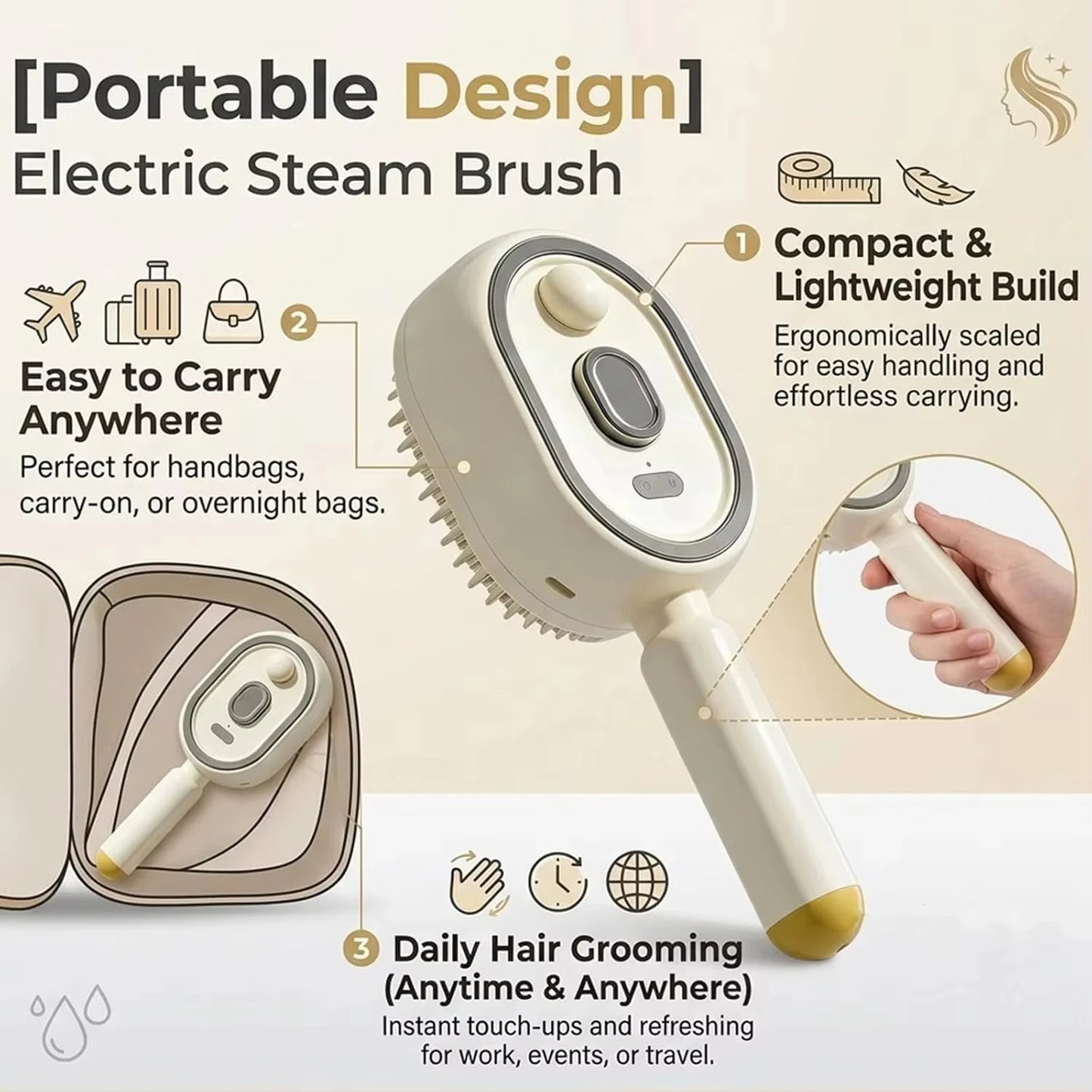Brosse à Cheveux Électrique à Vapeur 3-en-1 – Lissage, Démêlage & Anti-Frisottis