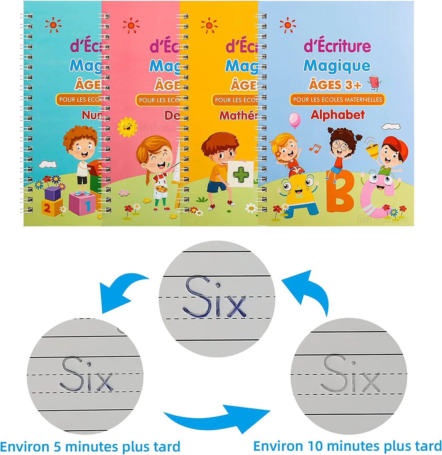 Coffret 4 Cahiers Magiques d'Écriture Française – Montessori 3D Réutilisable | Enfants 3-8 ans
