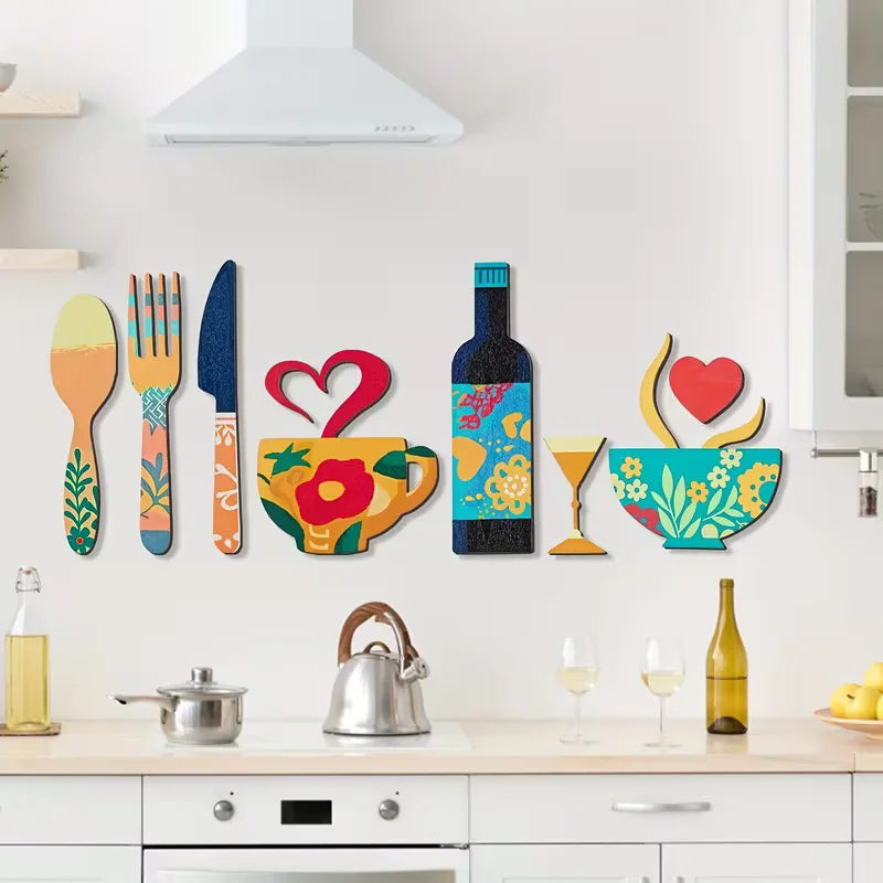Ensemble Décoration Murale Cuisine en Bois – 7 Pièces, Motifs Fourchettes, Tasses & Verres à Vin