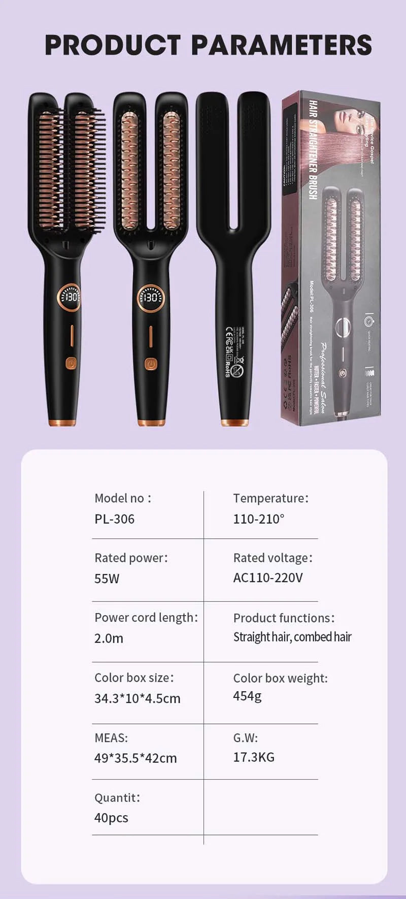 Brosse lissante électrique anti-frisottis 2-en-1 en céramique avec écran LCD numérique