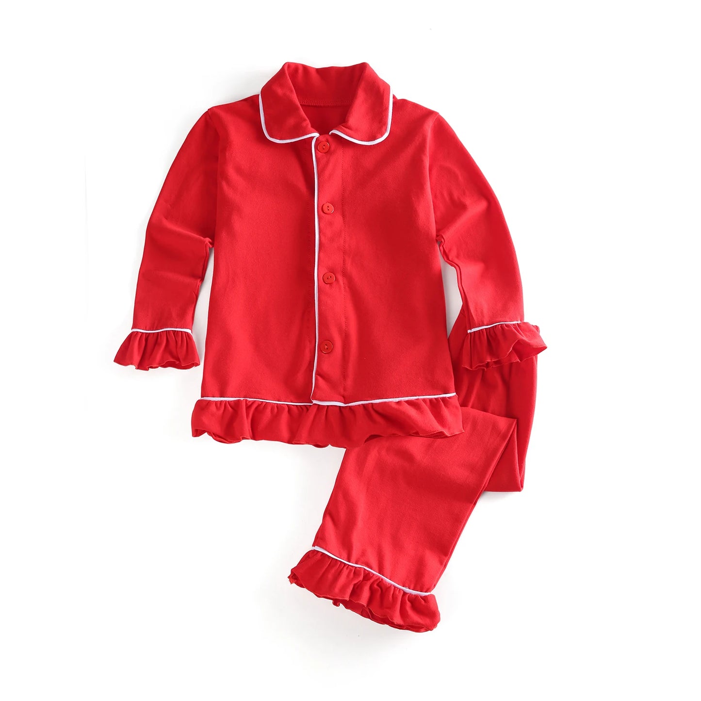 Flanelle Noël Famille Tenues Assortis Garçons Et Filles Pyjamas À Volants Blanc Dentelle Rouge À Manches Longues Bébé Bouton Enfants Pyjamas Ensembles