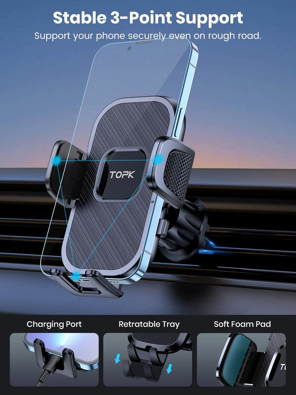 Support téléphone voiture TOPK – Fixation par gravité, pare-brise, tableau de bord et grille d'aération