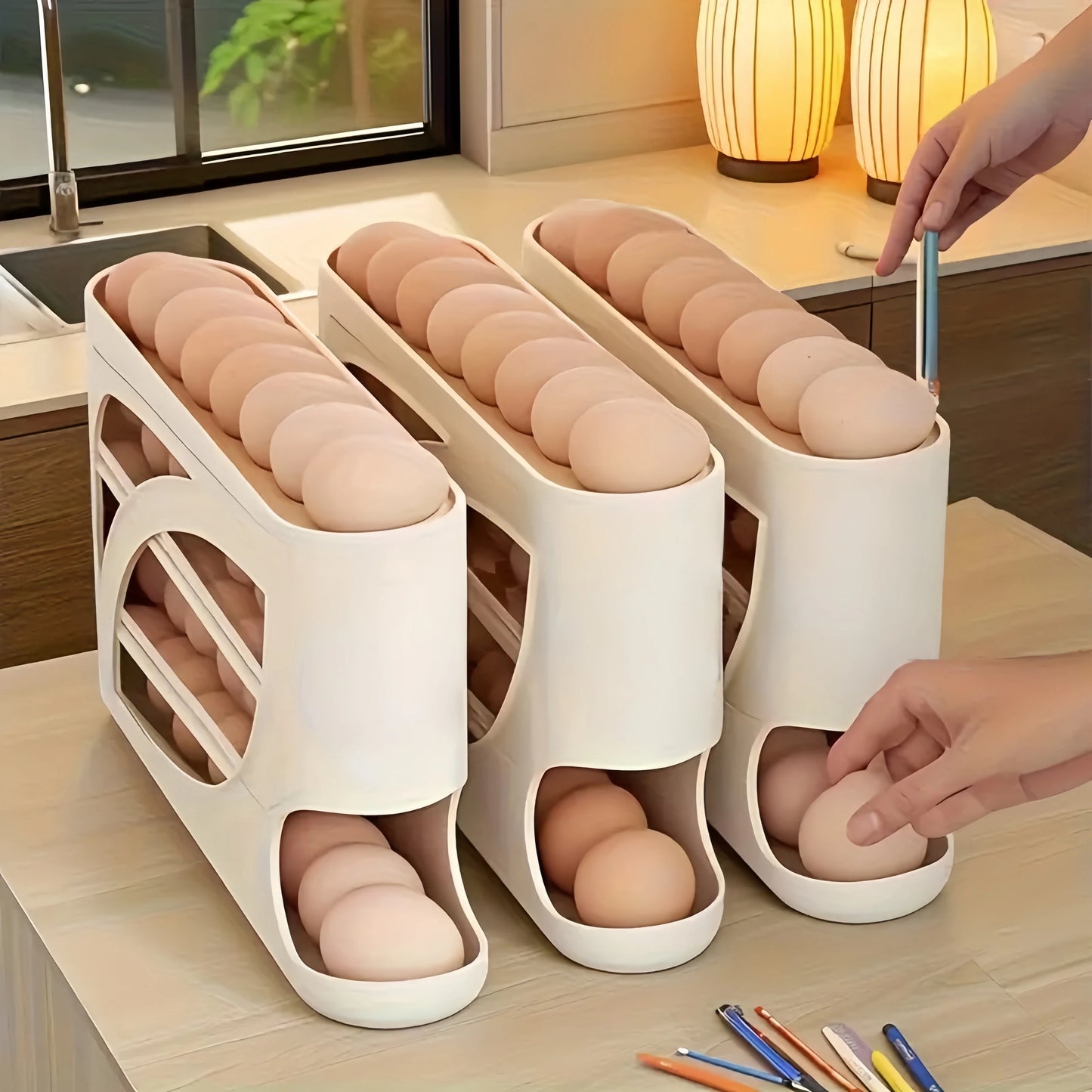 Range-œufs automatique pour réfrigérateur – Glisse tout seul, grande capacité, gain de place