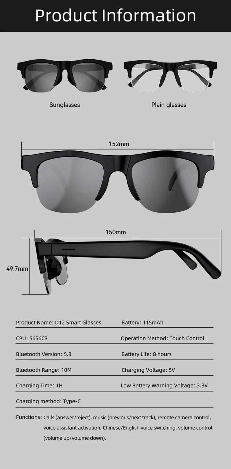 Lunettes Intelligentes Lenovo D12 – Assistant Vocal, Bluetooth 5.3, Musique & Appels Mains Libres | 2026