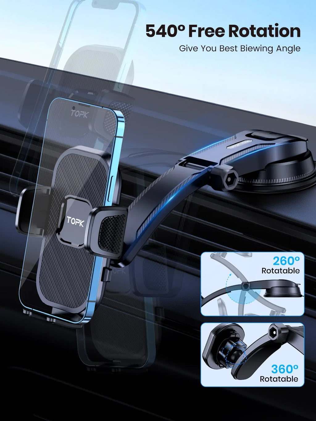 Support téléphone voiture TOPK – Fixation par gravité, pare-brise, tableau de bord et grille d'aération