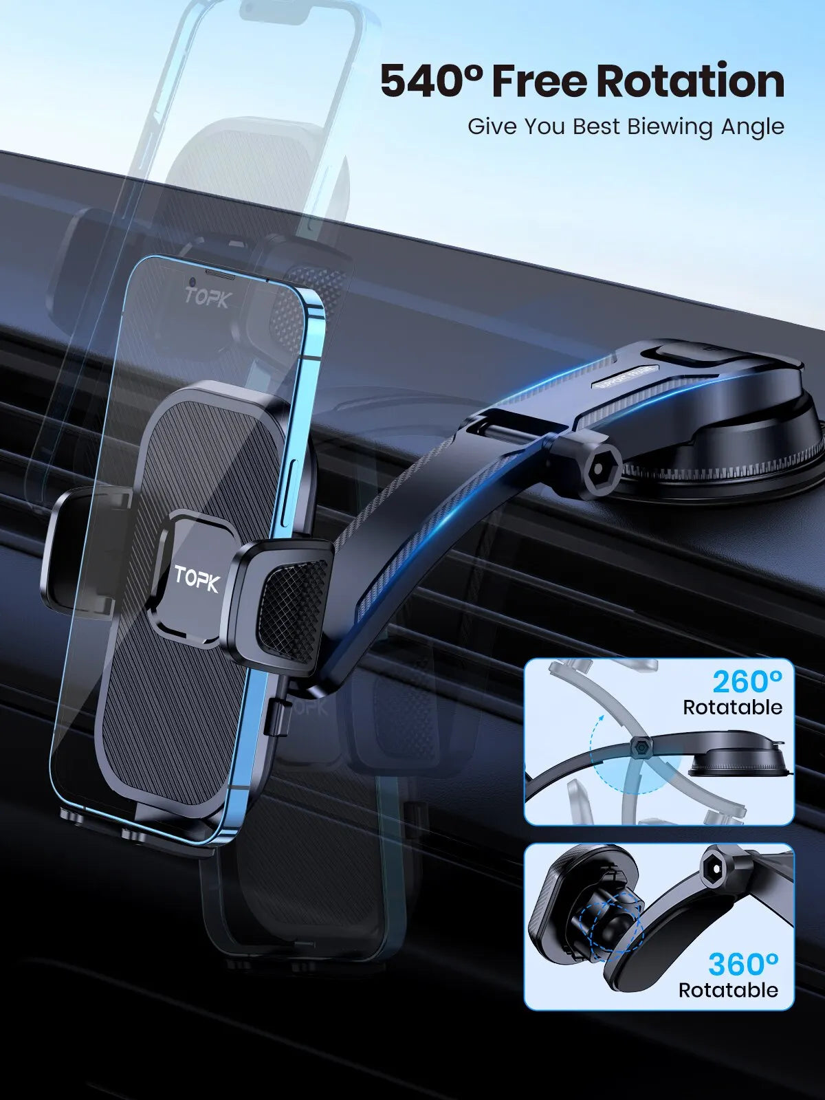 Support téléphone voiture TOPK – Fixation par gravité, pare-brise, tableau de bord et grille d'aération