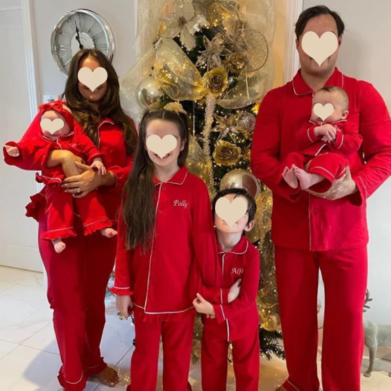 Flanelle Noël Famille Tenues Assortis Garçons Et Filles Pyjamas À Volants Blanc Dentelle Rouge À Manches Longues Bébé Bouton Enfants Pyjamas Ensembles