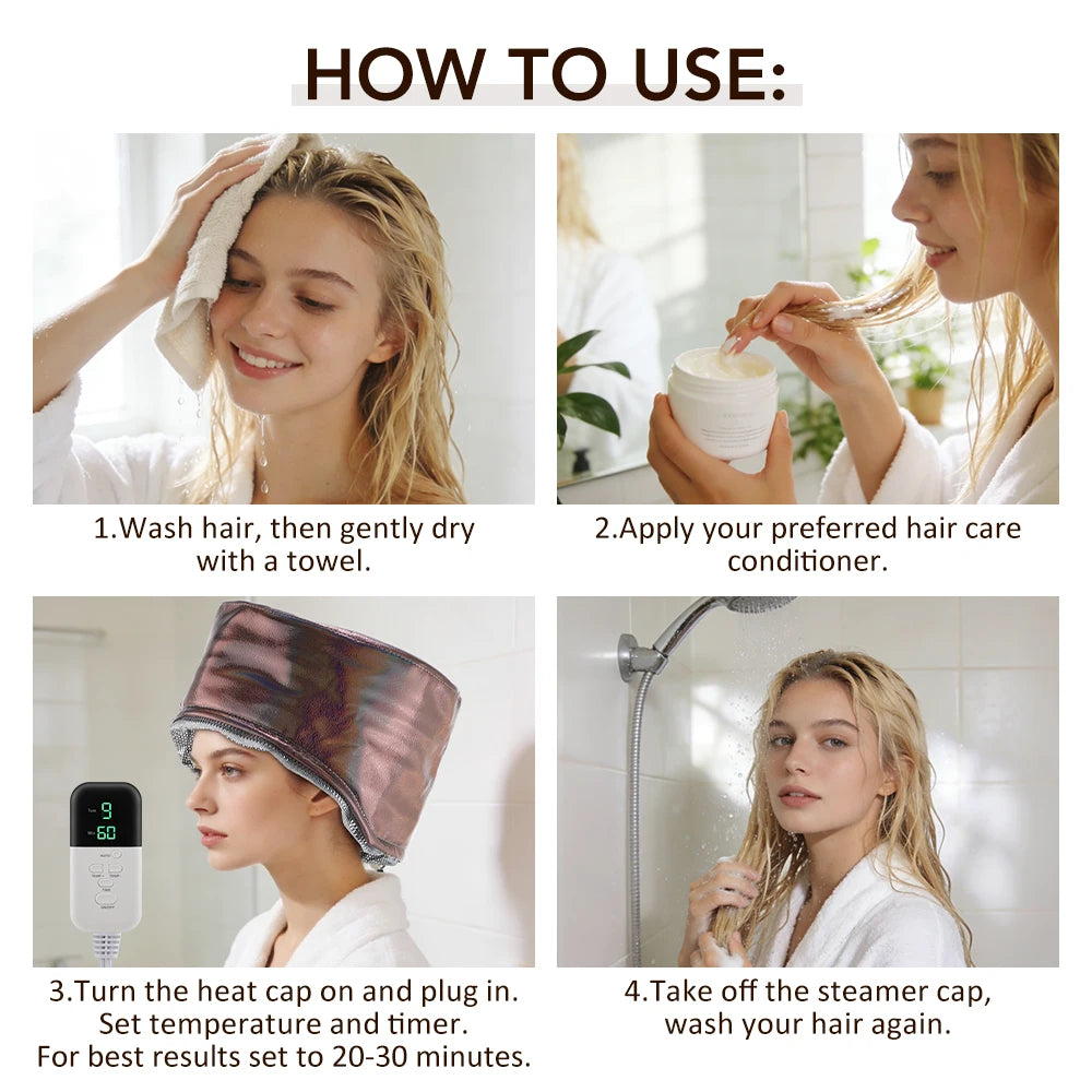 Bonnet Vapeur Chauffant Hailicare – 9 Températures, 5 Minuteries, Cuir PU, Soin Capillaire Spa Maison