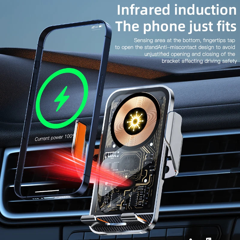 Support téléphone voiture avec chargeur sans fil 15W – Serrage automatique, rotation 360°, compatible iPhone, Samsung, Huawei, Xiaomi