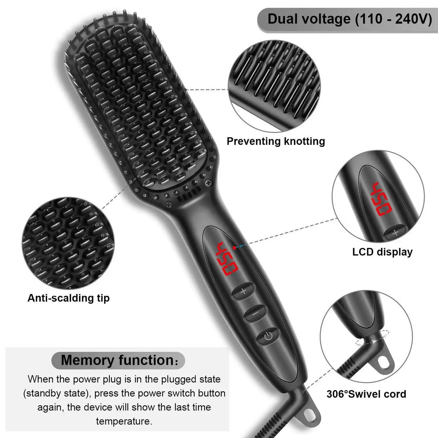 Brosse lissante électrique chauffante pour cheveux et barbe, en céramique anti-brûlure