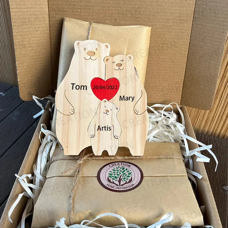Puzzle Ours en Bois Personnalisé pour la Famille – Prénoms Gravés, Cadeau Anniversaire, Noël, Décoration Maison