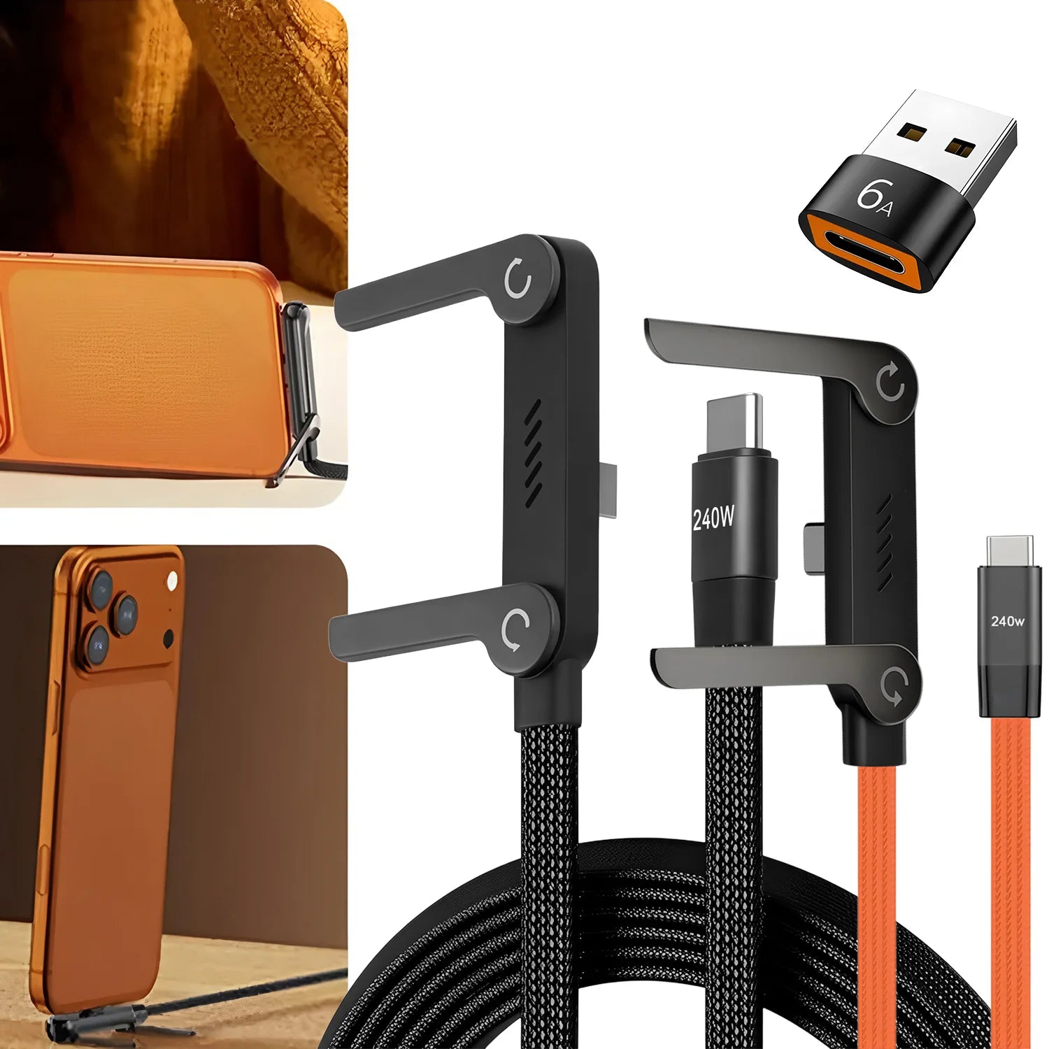 Câble USB-C 240W 2-en-1 avec Support Pliable – Charge Rapide, OTG, Type-C vers Type-C