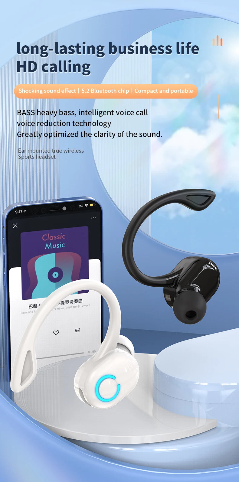 Oreillette Bluetooth 5.2 Sans Fil VAORLO S10 – HiFi Bass, Réduction de Bruit, Micro HD, Waterproof