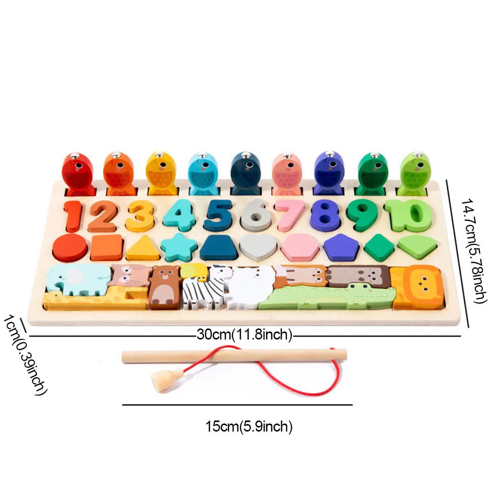 Tableau d'Éveil Montessori en Bois – Formes, Chiffres & Jeu de Pêche