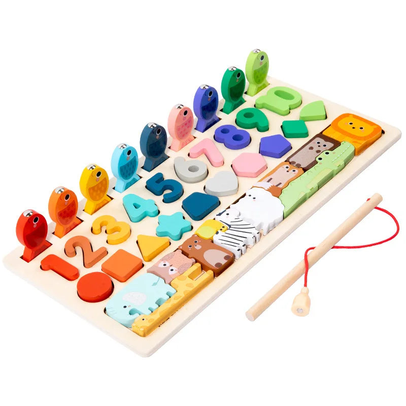 Tableau d'Éveil Montessori en Bois – Formes, Chiffres & Jeu de Pêche