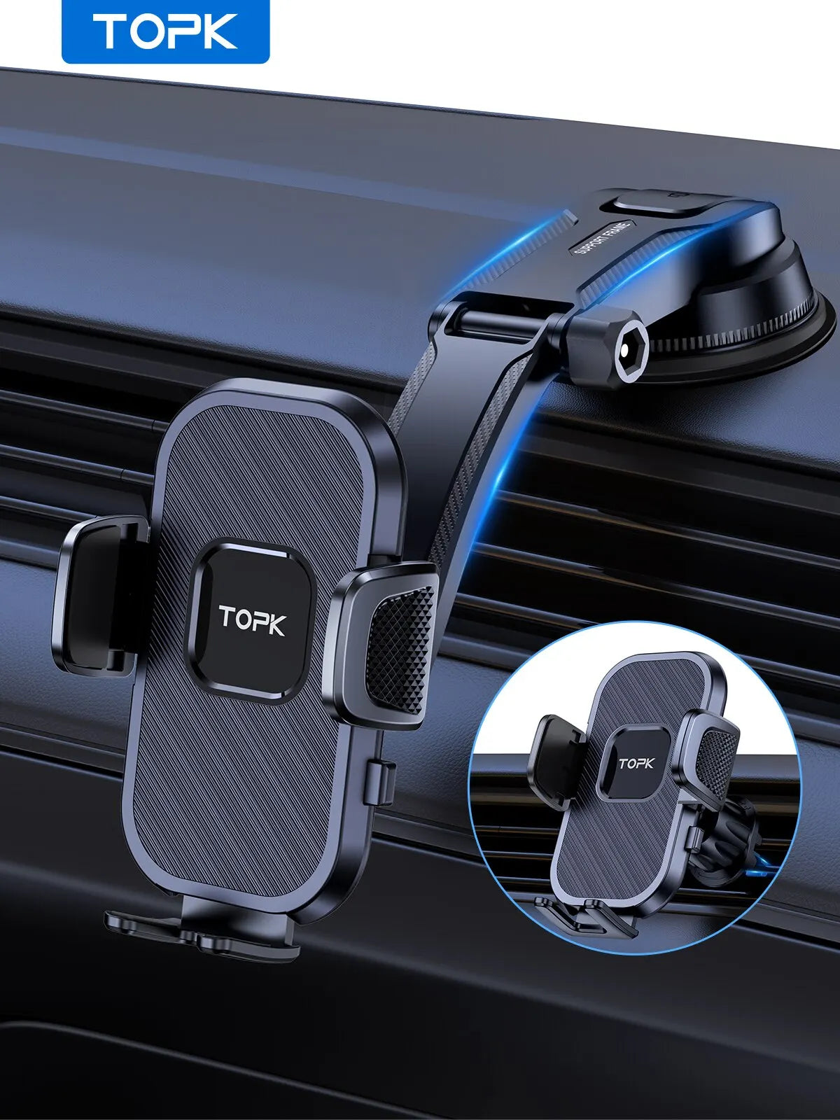 Support téléphone voiture TOPK – Fixation par gravité, pare-brise, tableau de bord et grille d'aération