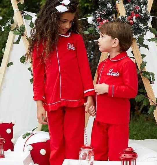 Flanelle Noël Famille Tenues Assortis Garçons Et Filles Pyjamas À Volants Blanc Dentelle Rouge À Manches Longues Bébé Bouton Enfants Pyjamas Ensembles