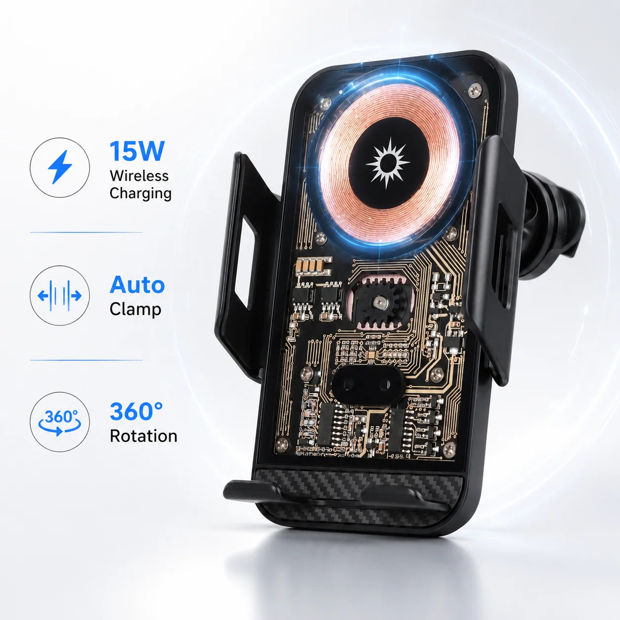 Support téléphone voiture avec chargeur sans fil 15W – Fixation grille d'aération, rotatif, compatible smartphones