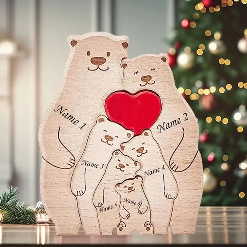 Puzzle Ours en Bois Personnalisé pour la Famille – Prénoms Gravés, Cadeau Anniversaire, Noël, Décoration Maison