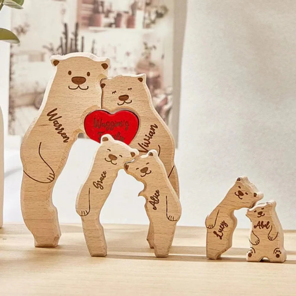 Puzzle Ours en Bois Personnalisé pour la Famille – Prénoms Gravés, Cadeau Anniversaire, Noël, Décoration Maison