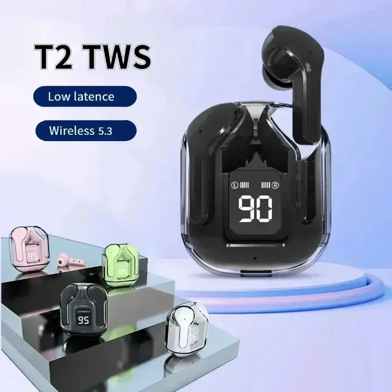 Écouteurs Bluetooth T2 TWS Sans Fil — Affichage Digital, Son Stéréo, Compatible Tous Smartphones