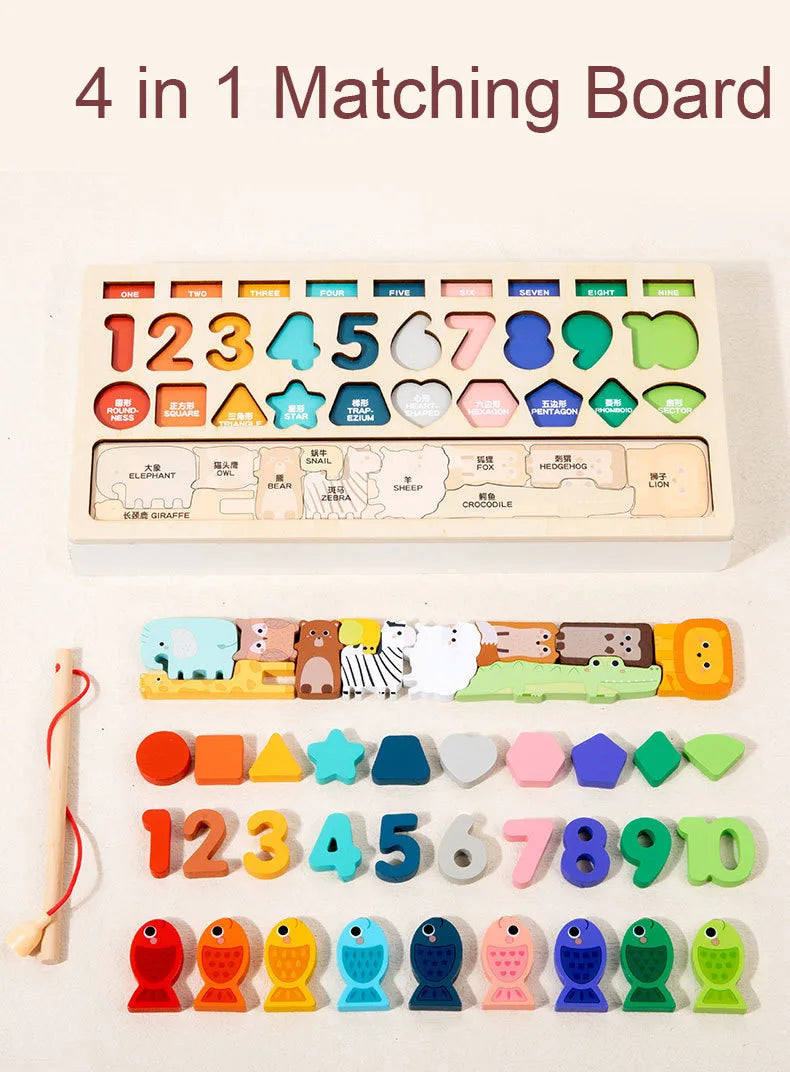 Tableau d'Éveil Montessori en Bois – Formes, Chiffres & Jeu de Pêche