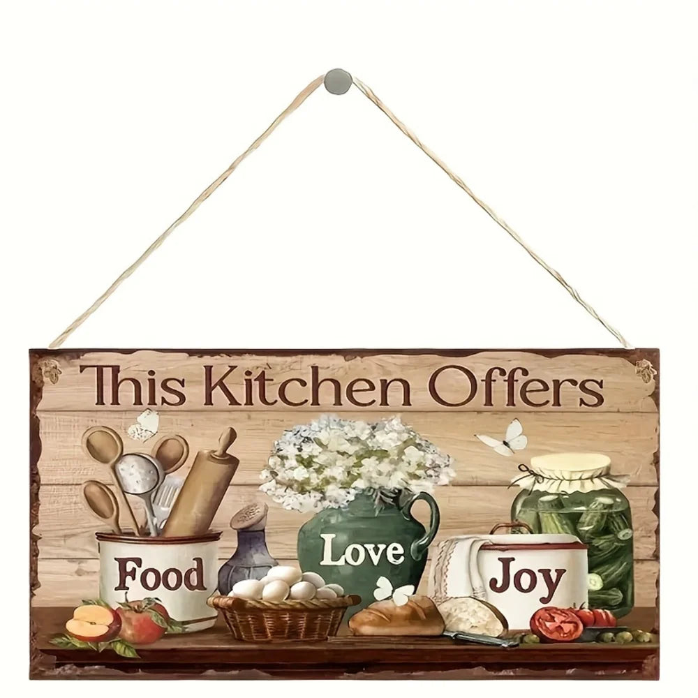 Panneau de décoration murale de cuisine en bois rustique – Plaque suspendue «This Kitchen Offers Food Love Joy » avec cuisine et illustration florale