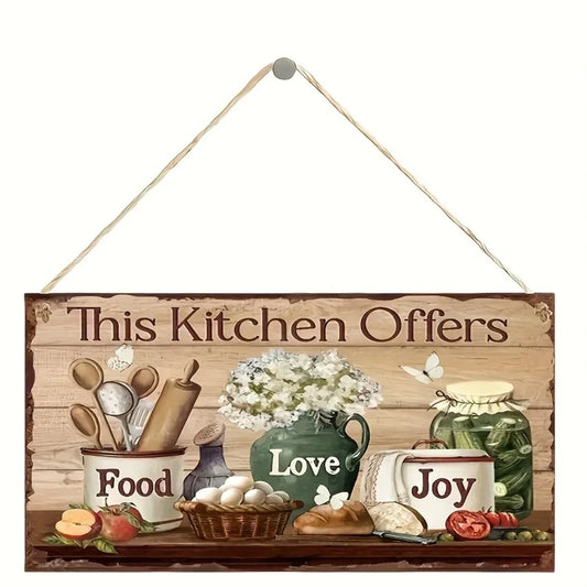Panneau de décoration murale de cuisine en bois rustique – Plaque suspendue «This Kitchen Offers Food Love Joy » avec cuisine et illustration florale