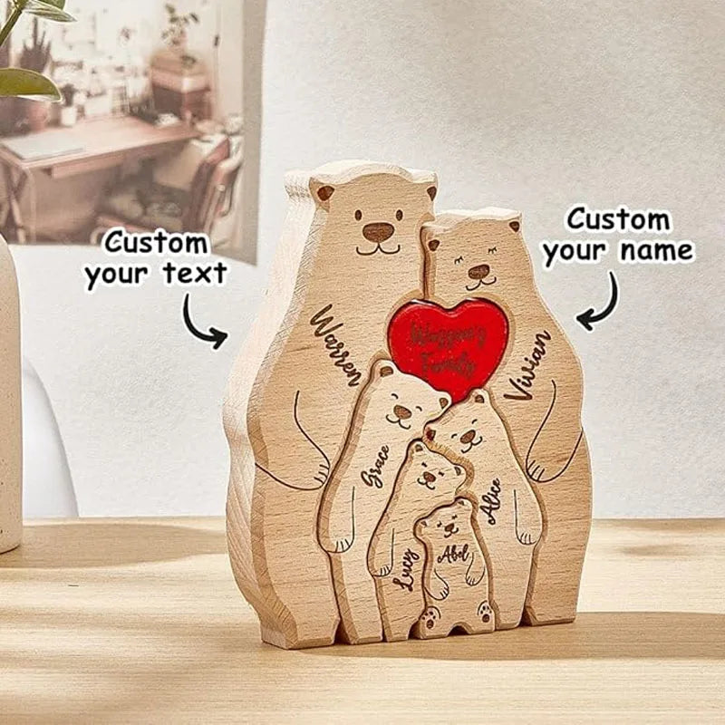 Puzzle Ours en Bois Personnalisé pour la Famille – Prénoms Gravés, Cadeau Anniversaire, Noël, Décoration Maison
