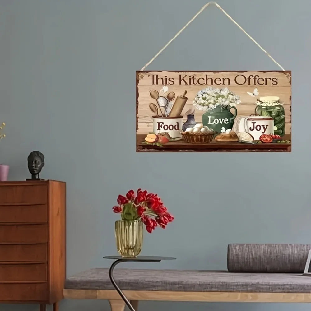 Panneau de décoration murale de cuisine en bois rustique – Plaque suspendue «This Kitchen Offers Food Love Joy » avec cuisine et illustration florale