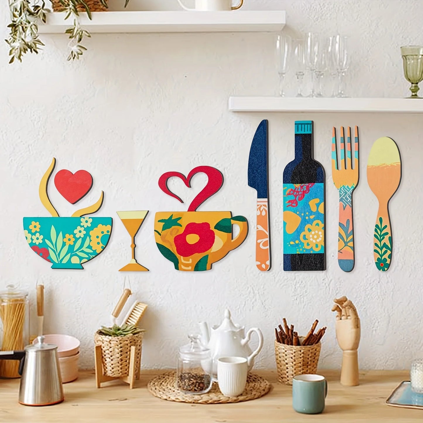 Ensemble Décoration Murale Cuisine en Bois – 7 Pièces, Motifs Fourchettes, Tasses & Verres à Vin