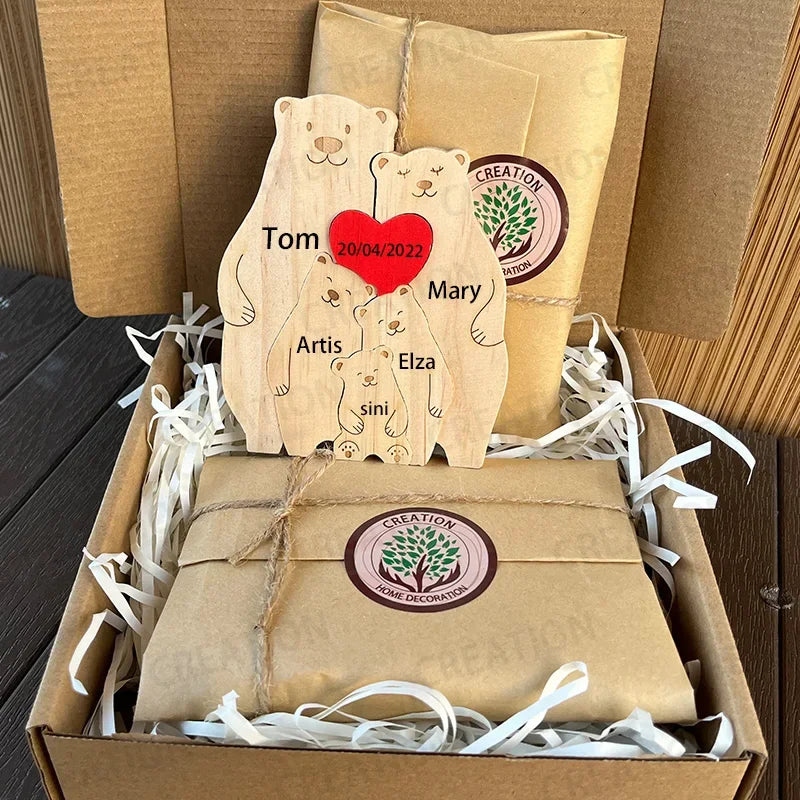 Puzzle Ours en Bois Personnalisé pour la Famille – Prénoms Gravés, Cadeau Anniversaire, Noël, Décoration Maison