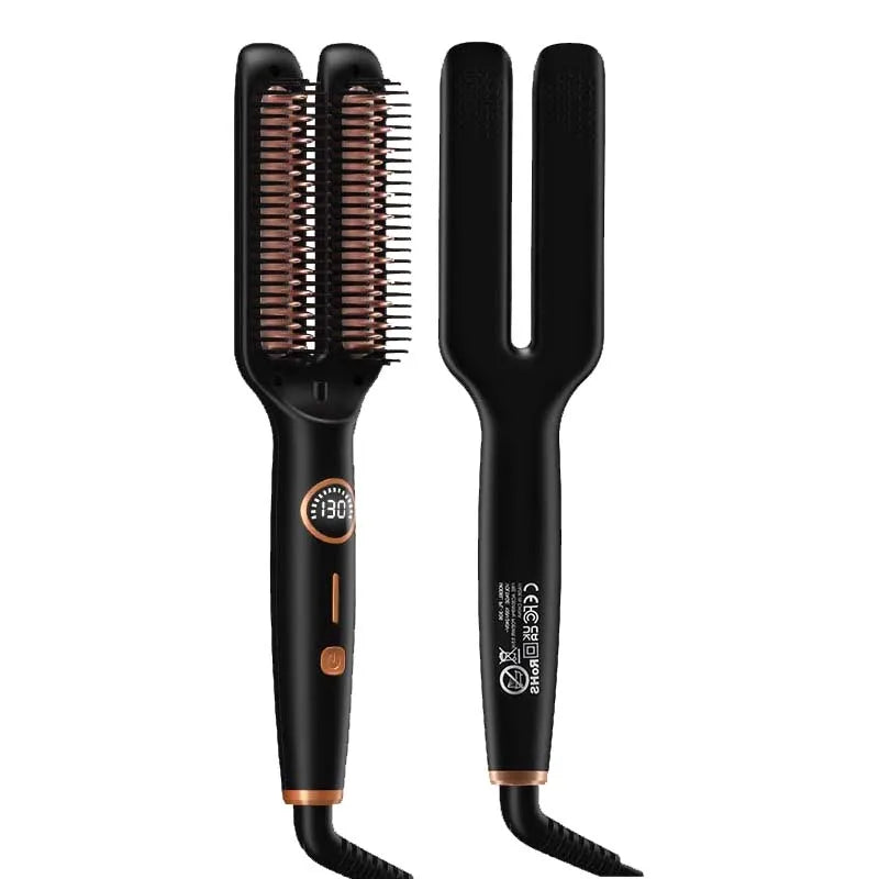 Brosse lissante électrique anti-frisottis 2-en-1 en céramique avec écran LCD numérique