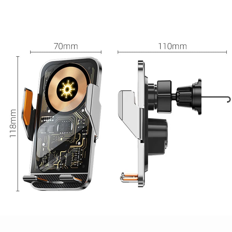 Support téléphone voiture avec chargeur sans fil 15W – Serrage automatique, rotation 360°, compatible iPhone, Samsung, Huawei, Xiaomi