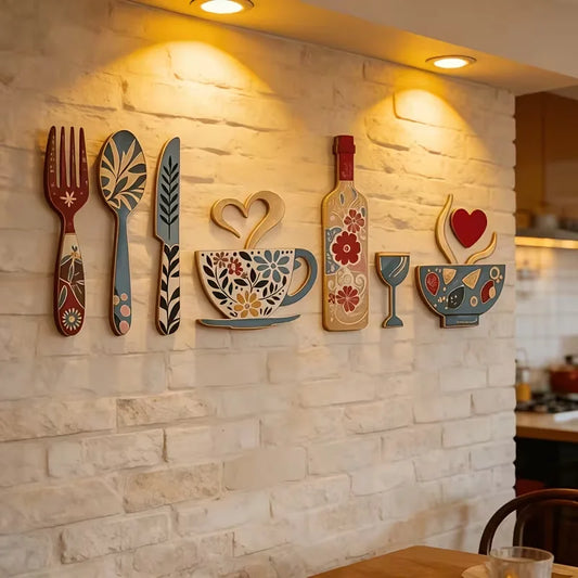 Ensemble Décoration Murale Cuisine en Bois – 7 Pièces, Motifs Fourchettes, Tasses & Verres à Vin