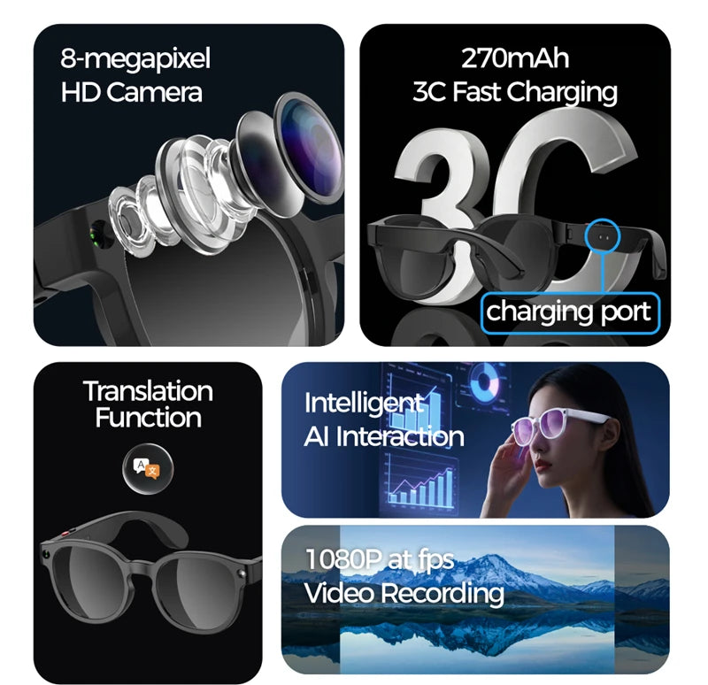 Lunettes Intelligentes IA Lenovo 2026 – Caméra HD 8MP, Vidéo 4K, Traduction IA, Appel Bluetooth & Musique