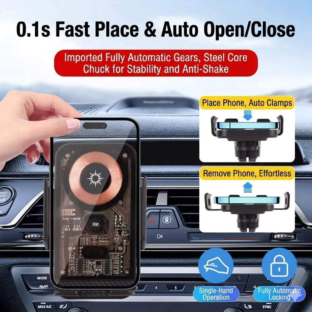 Support téléphone voiture avec chargeur sans fil 15W – Fixation grille d'aération, rotatif, compatible smartphones