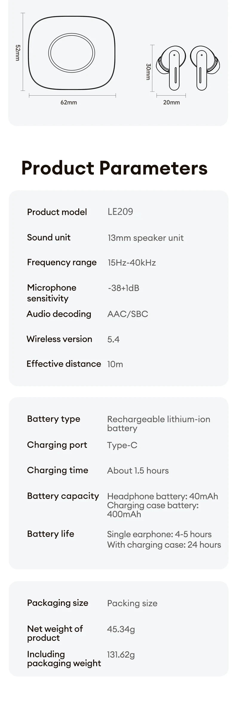 Lenovo LE209 – Écouteurs TWS Bluetooth 6.0, Réduction de Bruit ANC, HiFi, 30h d’Autonomie